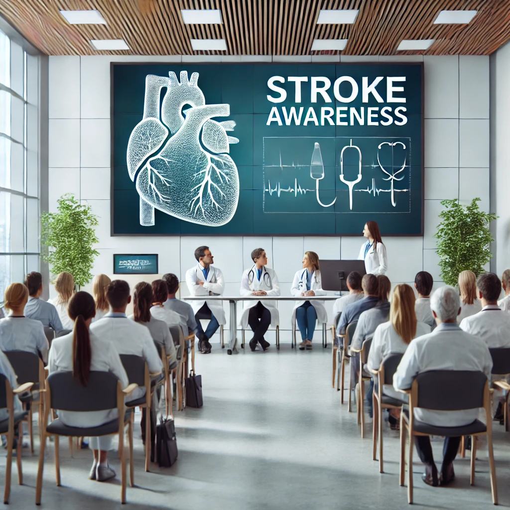 DALL·E 2025-02-24 15.06.27 - A professional and informative scene in a hospital setting, showing a medical conference or seminar about stroke awareness. A large presentation scree