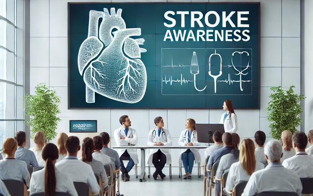 DALL·E 2025-02-24 15.06.27 - A professional and informative scene in a hospital setting, showing a medical conference or seminar about stroke awareness. A large presentation scree