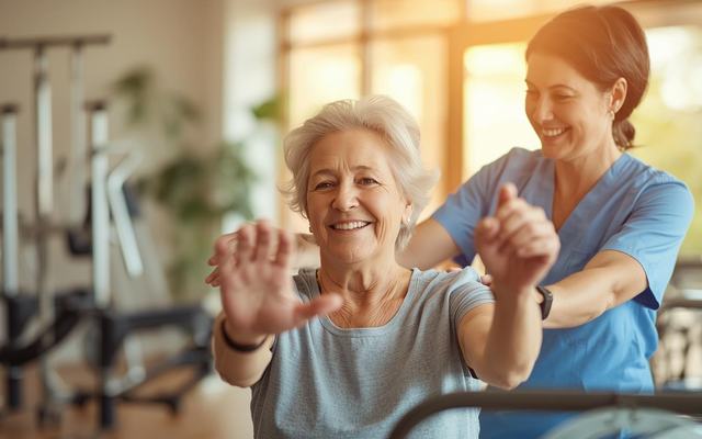 Smiling elderly person during physical rehabilitation session, assisted by a caring physiotherapist in a bright, welcoming environment. Warm and reassuring colors, positive and hopeful atmosphere. Professional photography style, blurred bac
