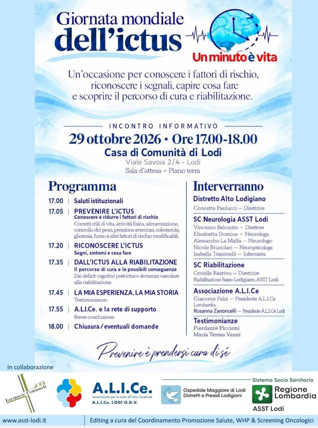 Lodi - Giornata mondiale ictus 29 ottobre 2026 - programma incontro